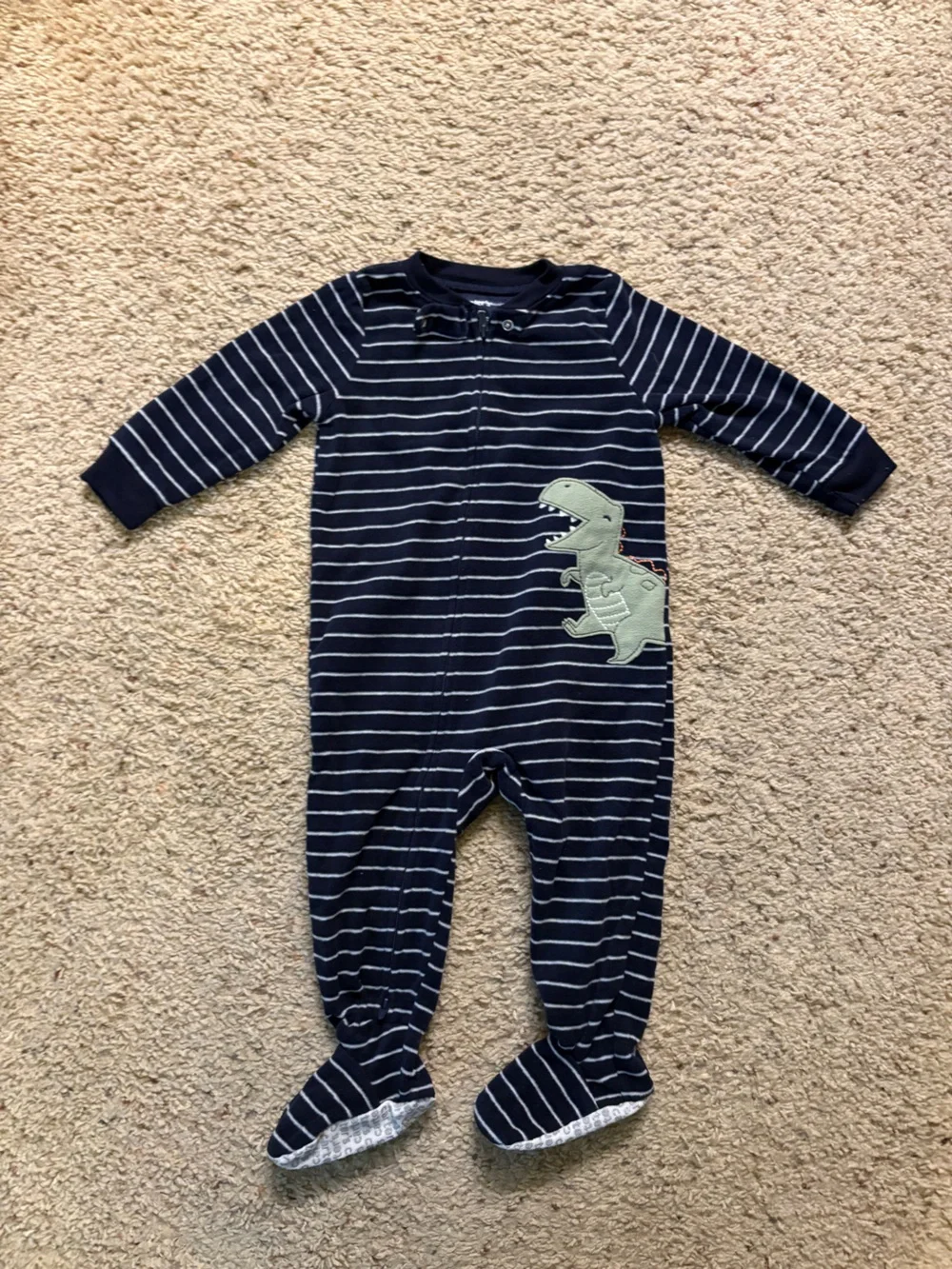 Carter's Navy & White Striped Dino Footed One-Piece